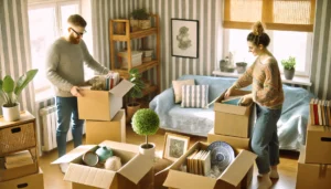 casal guardando seus pertences em caixas para mudança de casa