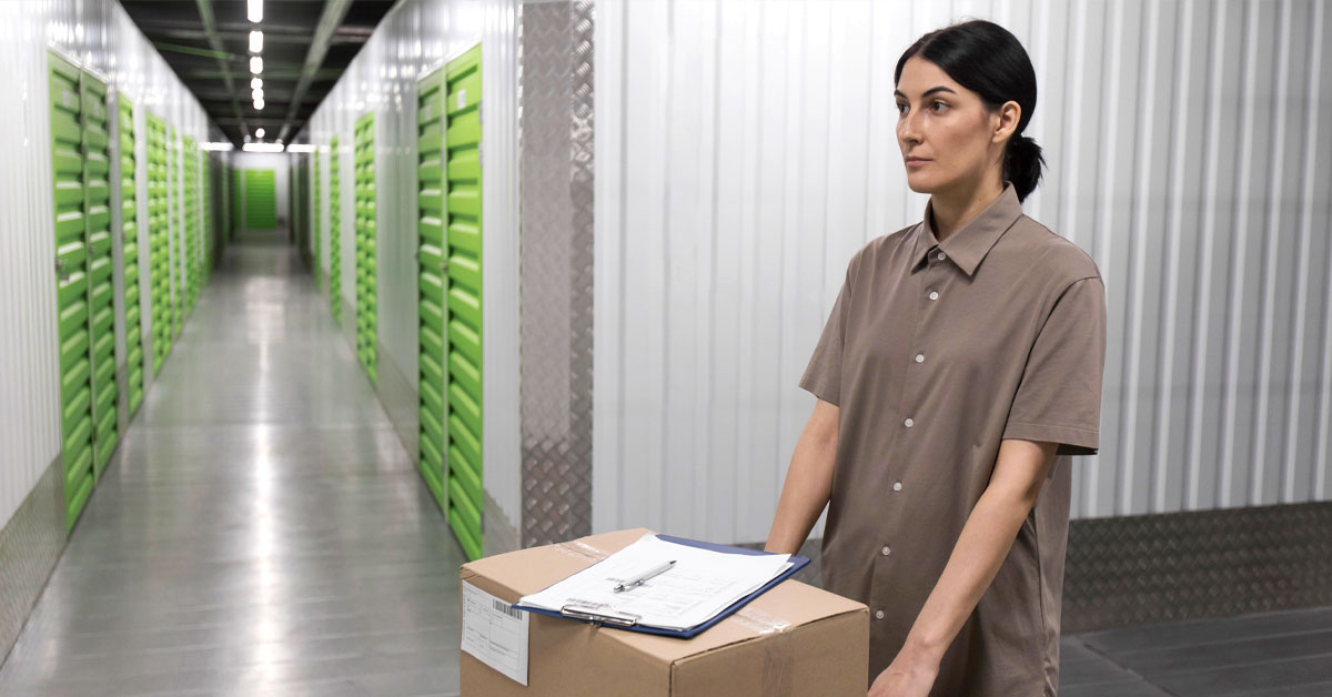 um homem verificando seu estoque de loja de um e-commerce em um self storage. endereço fiscal